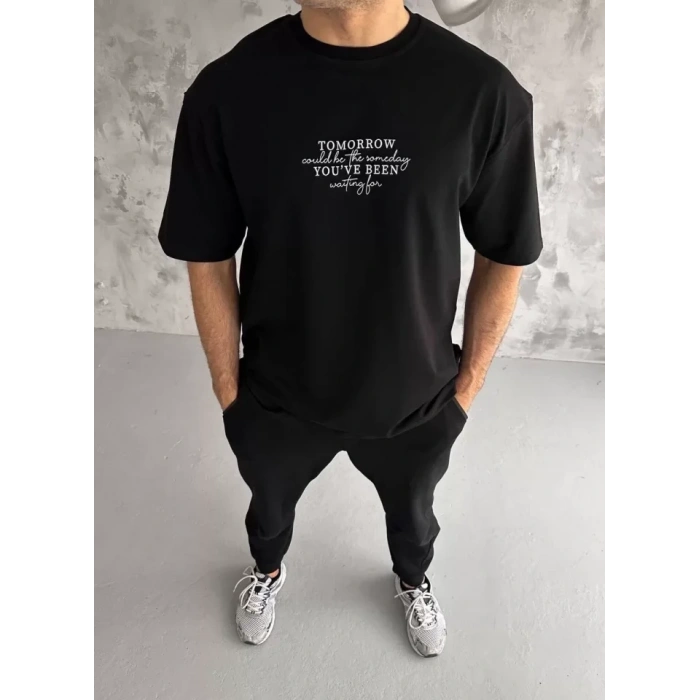 Unisex Bisiklet Yaka Baskılı Oversize T-Shirt - Siyah