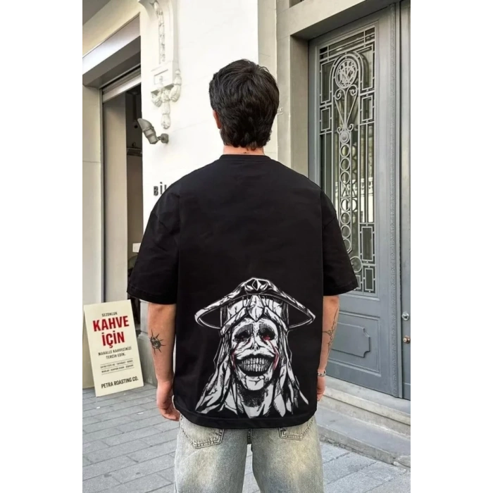 Unisex Bisiklet Yaka Baskılı Oversize T-Shirt - Siyah