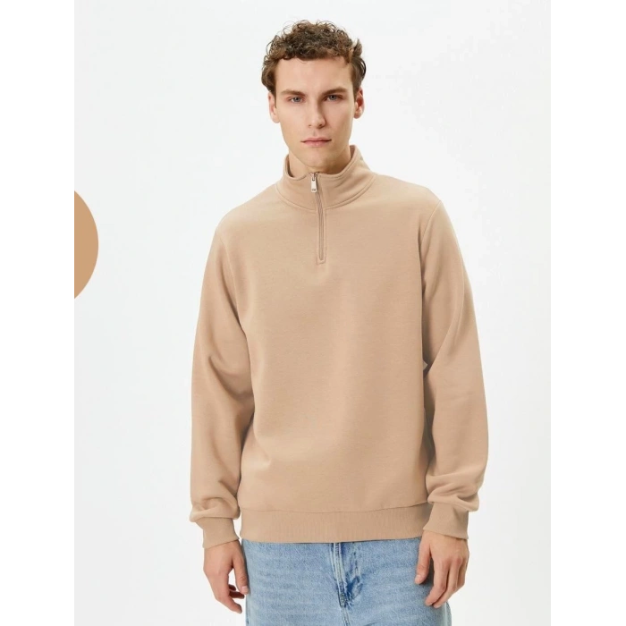 Uzun Kol Yarım Farmuarlı Yakalı Basic SweatShirt - Bej