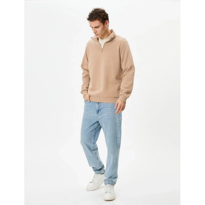Uzun Kol Yarım Farmuarlı Yakalı Basic SweatShirt - Bej