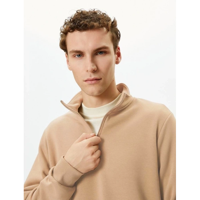 Uzun Kol Yarım Farmuarlı Yakalı Basic SweatShirt - Bej