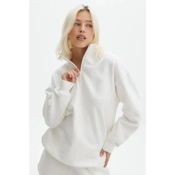 Uzun Kol Yarım Farmuarlı Yakalı Basic SweatShirt - Beyaz
