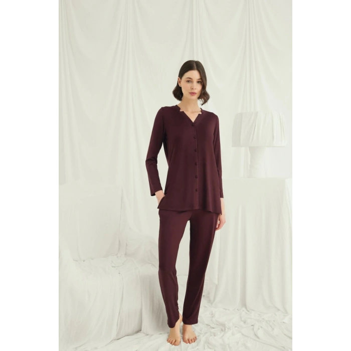 Uzun Kollu Boydan Düğmeli V Yaka Pijama Takımı