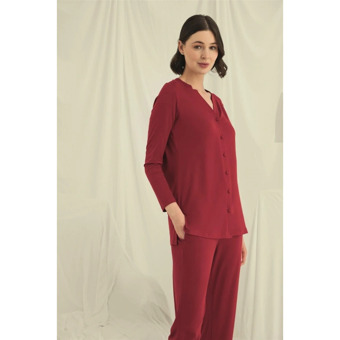Uzun Kollu Boydan Düğmeli V Yaka Pijama Takımı