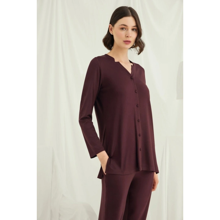 Uzun Kollu Boydan Düğmeli V Yaka Pijama Takımı