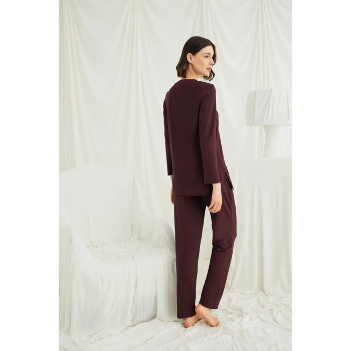 Uzun Kollu Boydan Düğmeli V Yaka Pijama Takımı