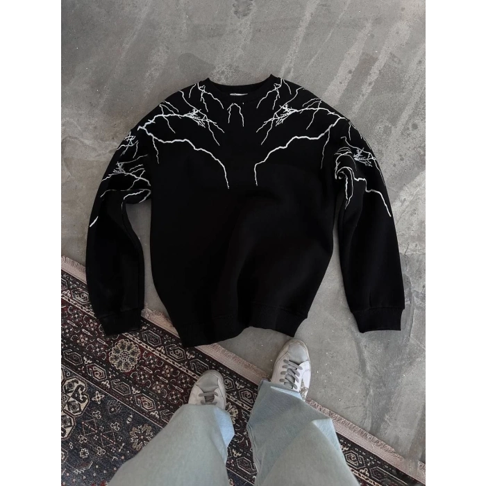 Yıldırım Baskılı Bisiklet Yaka SweatShirt - Siyah