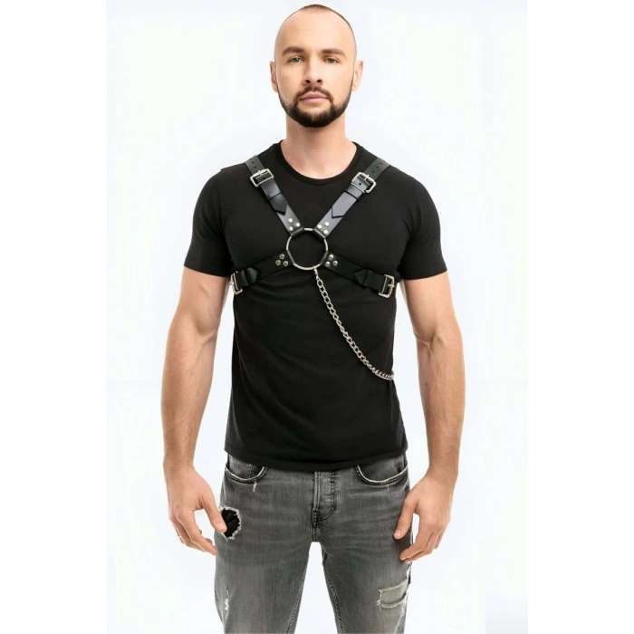 Zincir Detaylı Deri Erkek  Göğüs Harness - m95