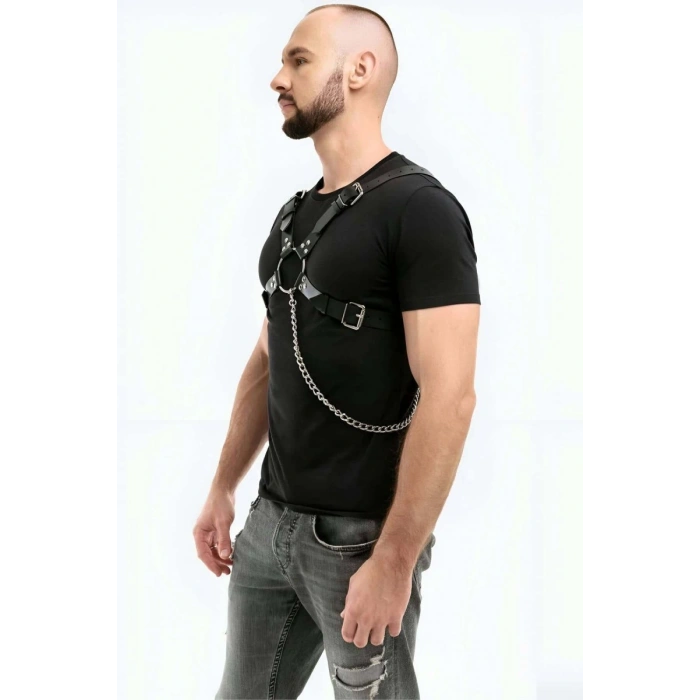 Zincir Detaylı Deri Erkek  Göğüs Harness - m95