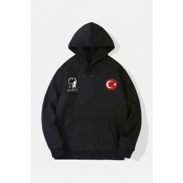 10 Kasıma Özel Üç İplik Kapşonlu Baskılı SweatShirt - Siyah