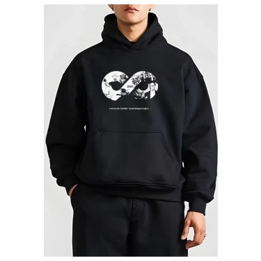 10 Kasıma Özel Üç İplik Kapşonlu Baskılı SweatShirt - Siyah
