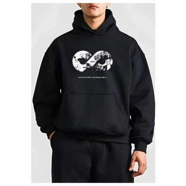 10 Kasıma Özel Üç İplik Kapüşonlu Baskılı SweatShirt - Siyah -