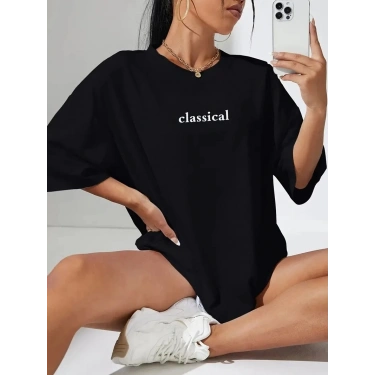 20/1 Penye Compack Classical Baskılı Siyah Oversize Tişort - Siyah -