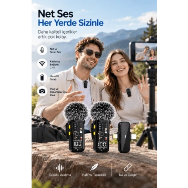 2.4G Kablosuz Çift Mikrofonlu Yaka Mikrofonu İçerik Üretim Seti