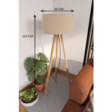 3 Ayaklı Tripod Lambader Bej Kumaş Başlık