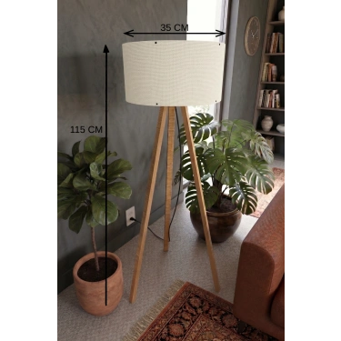 3 Ayaklı Tripod Lambader Krem Kumaş Başlık