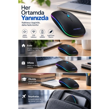 8 10 Metre Menzilli Şarj Edilebilir Kablosuz Mouse