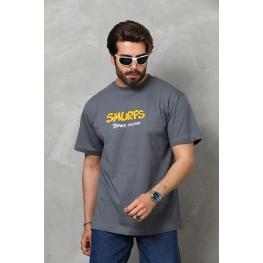 Basic Bisiklet Yaka Oversize T-Shirt - Füme -