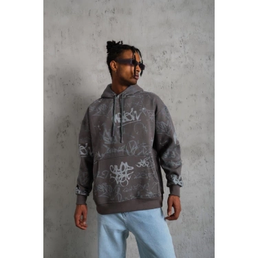 Baskılı Kapüşonlu Ribanalı Sweat - Gri