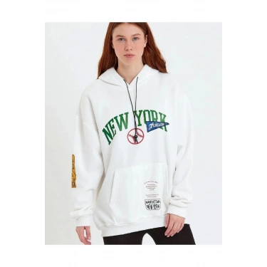 Baskılı Kapüşonlu Sweatshirt - Beyaz -