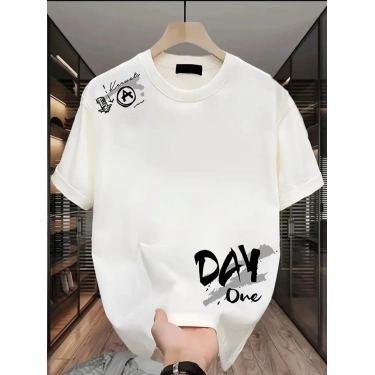 Baskılı Oversize Bisiklet Yaka T-shirt - Beyaz