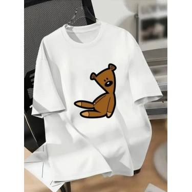Baskılı Oversize Bisiklet Yaka T-shirt - Beyaz