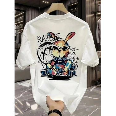 Baskılı Oversize Bisiklet Yaka T-shirt - Beyaz