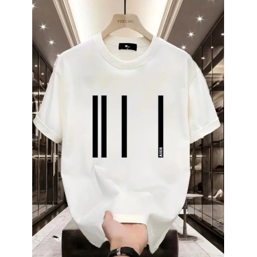 Baskılı Oversize Bisiklet Yaka T-shirt - Beyaz