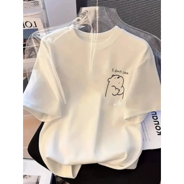 Baskılı Oversize Bisiklet Yaka T-shirt - Beyaz