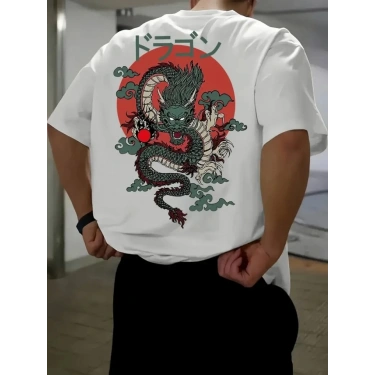 Baskılı Oversize Bisiklet Yaka T-shirt - Beyaz