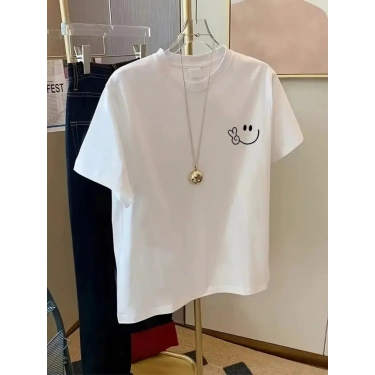Baskılı Oversize Bisiklet Yaka T-shirt - Beyaz