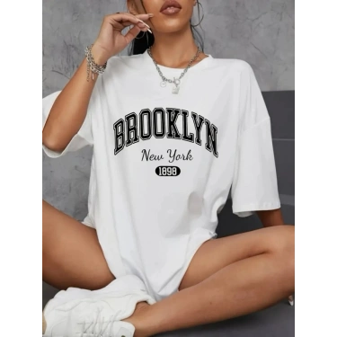 Baskılı Oversize Bisiklet Yaka T-shirt - Beyaz