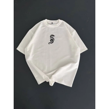 Baskılı Oversize Bisiklet Yaka T-shirt - Beyaz