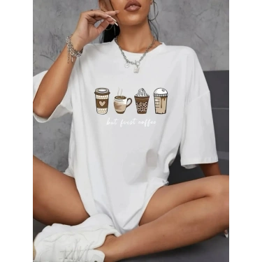 Baskılı Oversize Bisiklet Yaka T-shirt - Beyaz