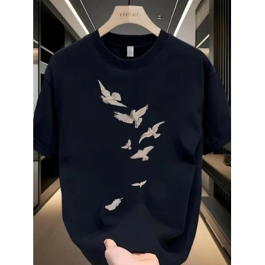 Baskılı Oversize Bisiklet Yaka T-shirt - Beyaz