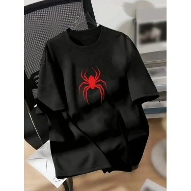 Baskılı Oversize Bisiklet Yaka T-shirt - Siyah
