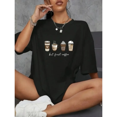 Baskılı Oversize Bisiklet Yaka T-shirt - Siyah