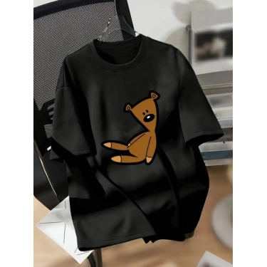 Baskılı Oversize Bisiklet Yaka T-shirt - Siyah