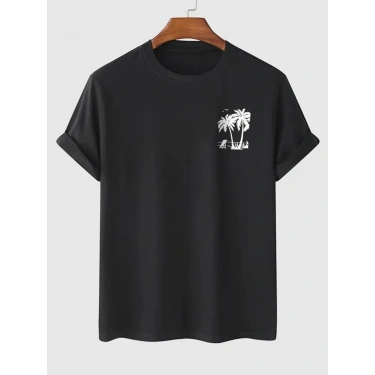 Baskılı Oversize Bisiklet Yaka T-shirt - Siyah