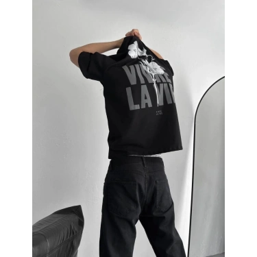Baskılı Oversize Bisiklet Yaka T-shirt - Siyah