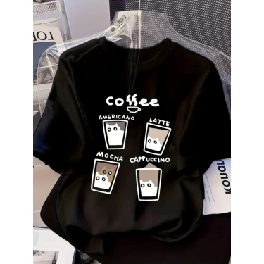 Baskılı Oversize Bisiklet Yaka T-shirt - Siyah