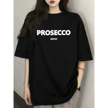 Baskılı Oversize Bisiklet Yaka T-shirt - Siyah