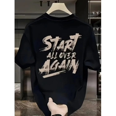 Baskılı Oversize Bisiklet Yaka T-shirt - Siyah