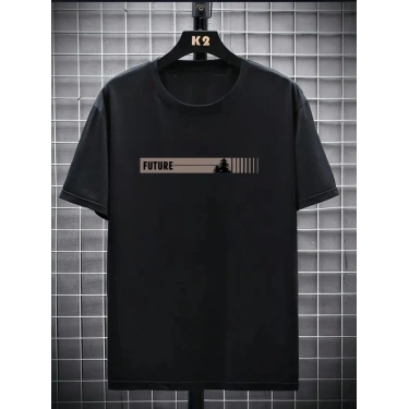 Baskılı Oversize Bisiklet Yaka T-shirt - Siyah