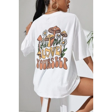 Baskılı Oversize T-Shirt - Beyaz -