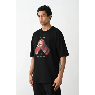 Baskılı Oversize T-Shirt - Siyah -