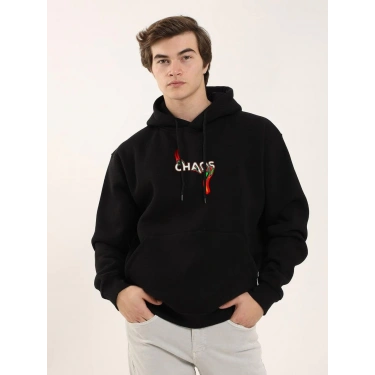 Baskılı Oversize Üç İplik Kapüşonlu Sweatshirt - Siyah -