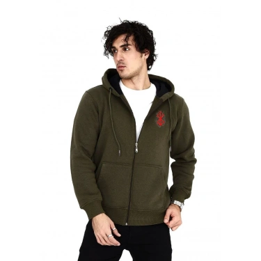 Baskılı Tam Fermuarlı Kapşonlu SweatShirt - Haki -