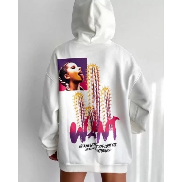 Baskılı Üç İplik Kapüşonlu Oversize Sweatshirt - Beyaz