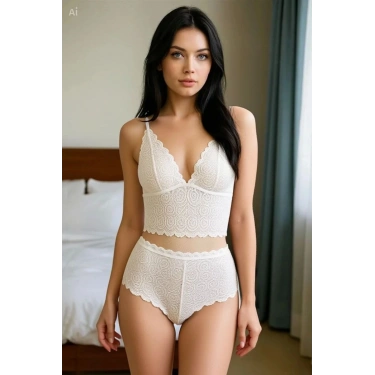 Beyaz Dantel Bralet Şort Takımı Askılı Şık Kadın Ev Giyim